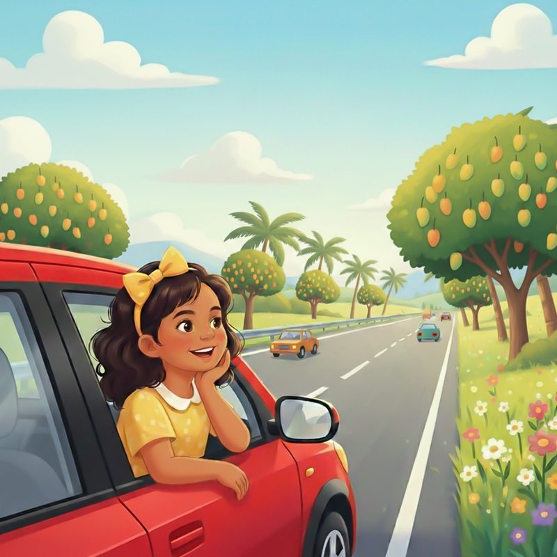Ana looking out the car window at mango trees along the highway