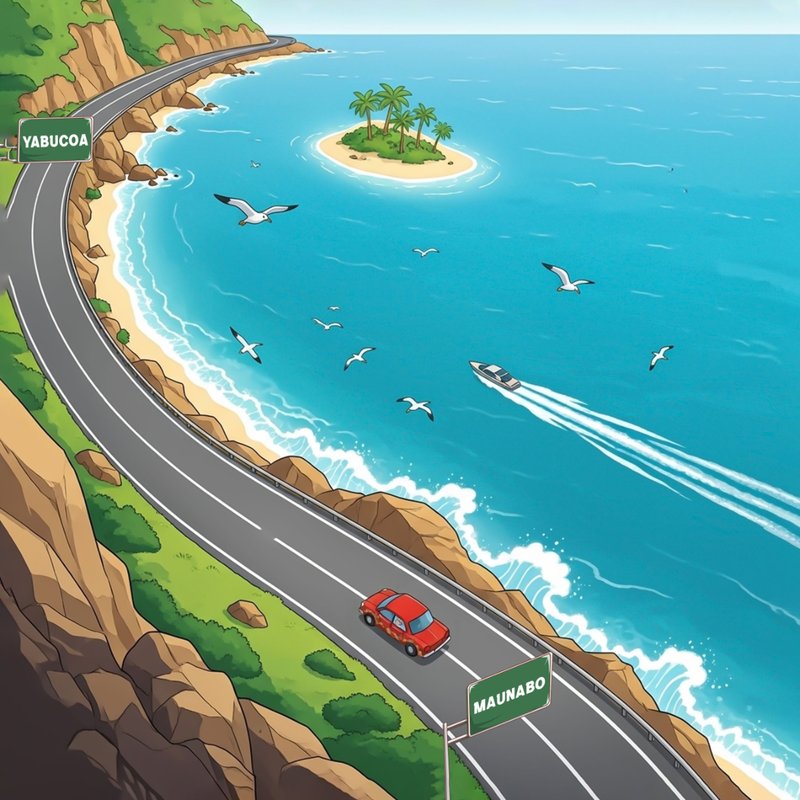 Illustrated coastal road along Yabucoa and Maunabo, Puerto Rico