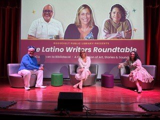 Edward Rodriguez on stage with fellow authors Natalia de Cuba Romero and Ines Ayala